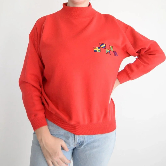 Vintage Magnet Red with Flags on Chest Mockneck Sweater M - Picture 2 of 10